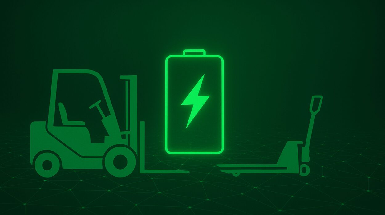 Glowing green lithium-ion battery with forklift and pallet jack representing sustainable material handling power.