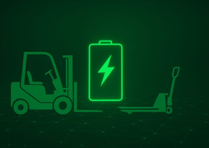 Glowing green lithium-ion battery with forklift and pallet jack representing sustainable material handling power.