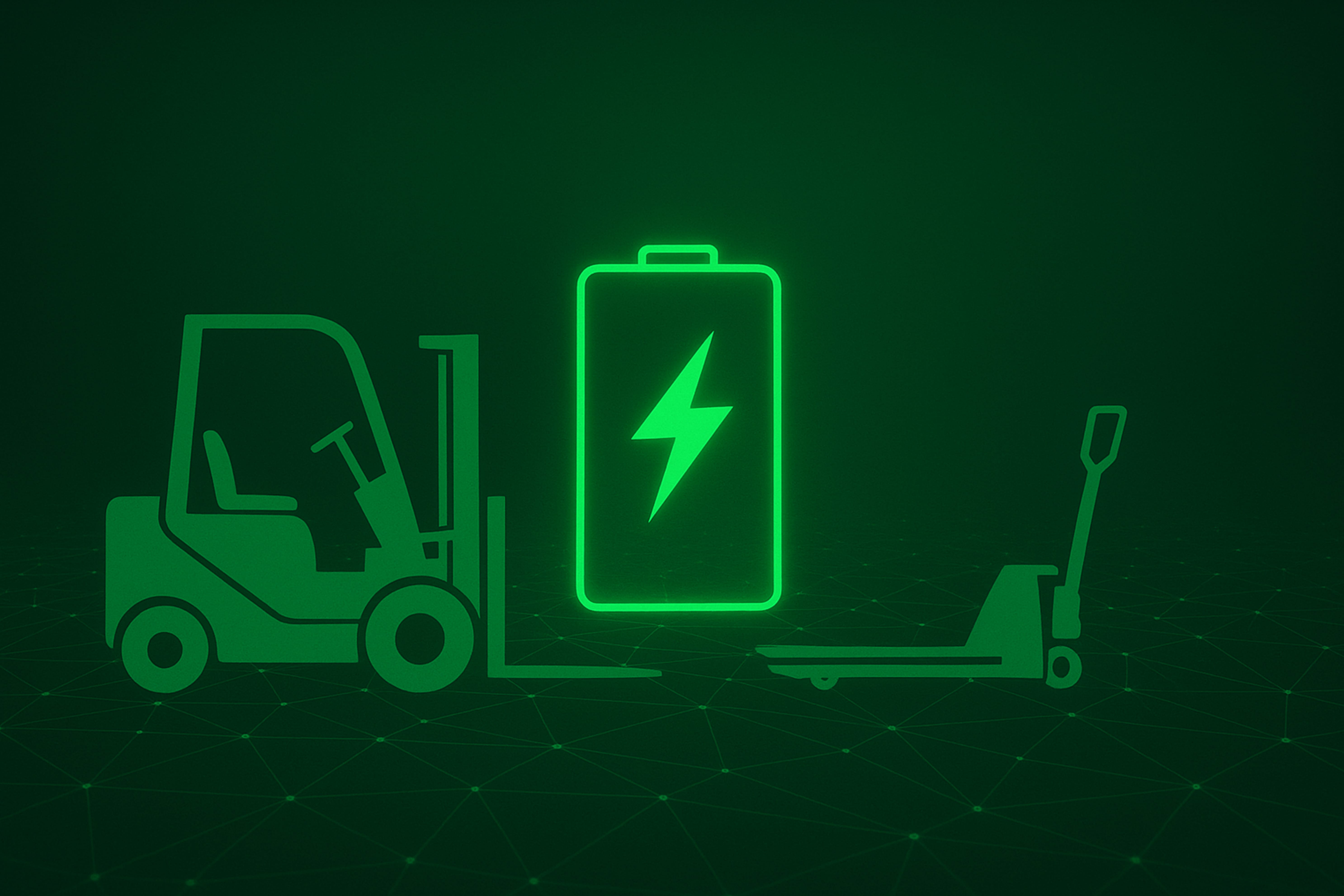 Glowing green lithium-ion battery with forklift and pallet jack representing sustainable material handling power.